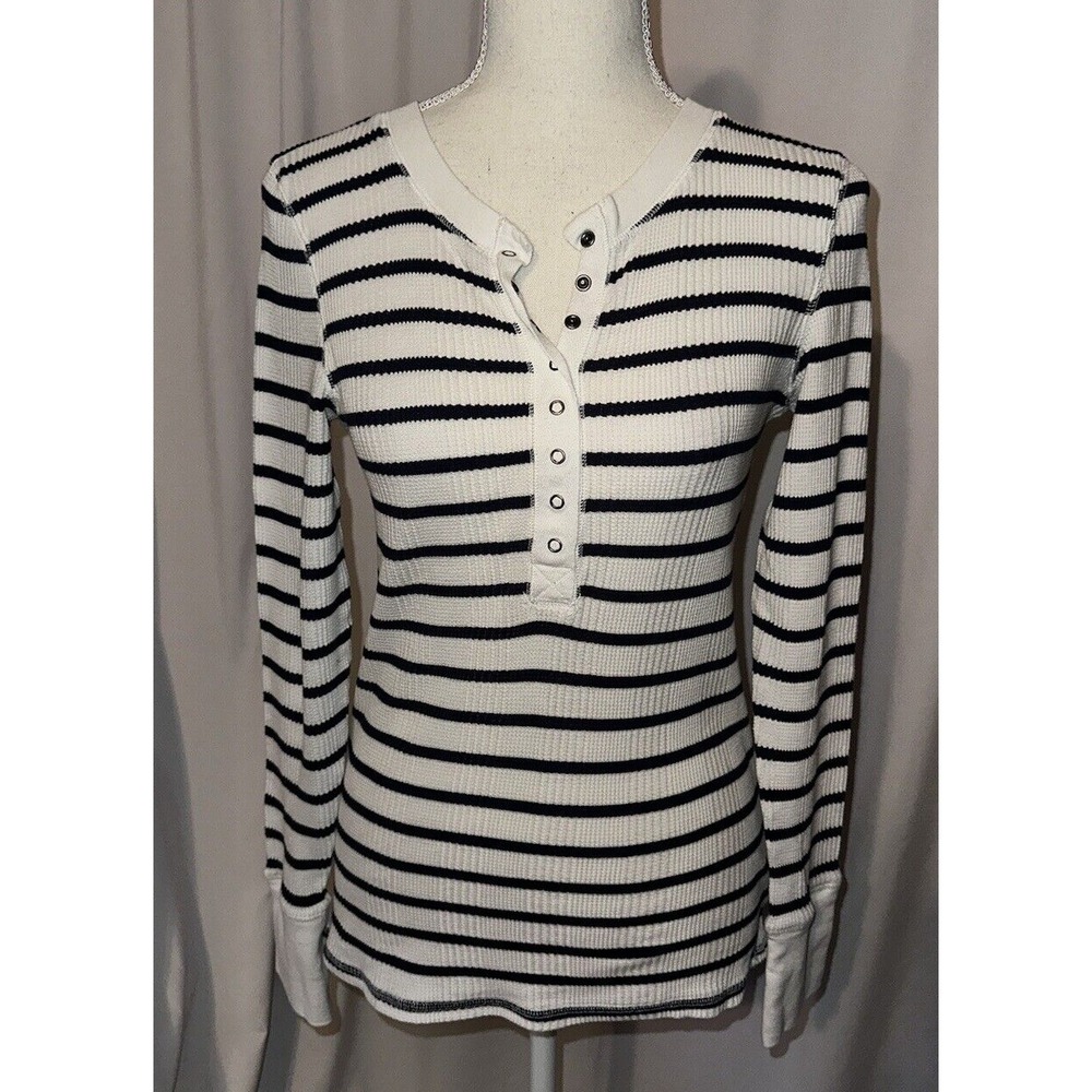 Aerie Top Juniors Size M Striped Ribbed Knit Henley Quarter Button Up Crew Neck